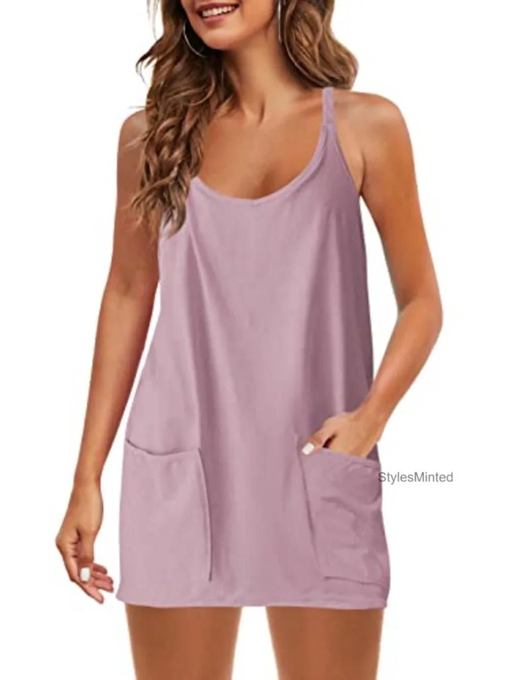 Women's Cotton Blend Mini Dress, V-Neck Sleeveless Sundress with Pockets
